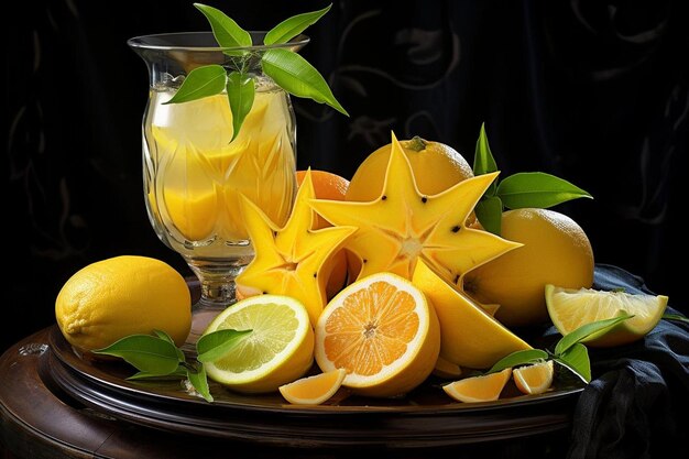 Starfruit con una rebanada equilibrada en el borde de un vaso de jugo Fotografía de imágenes de Starfruit