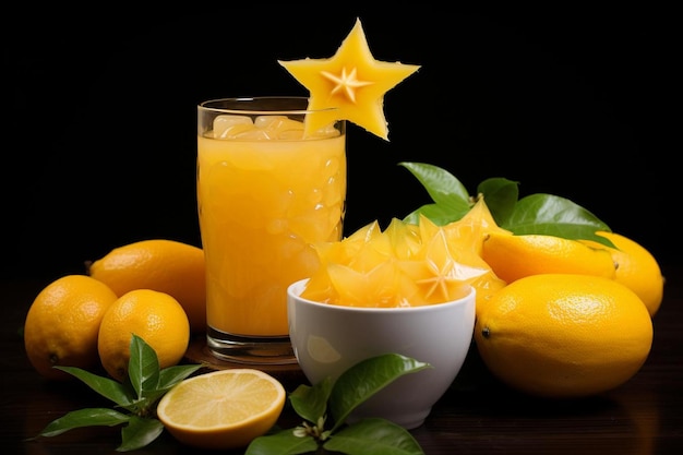 Starfruit con una rebanada equilibrada en el borde de un vaso de limonada Fotografía de imágenes de Starfruit