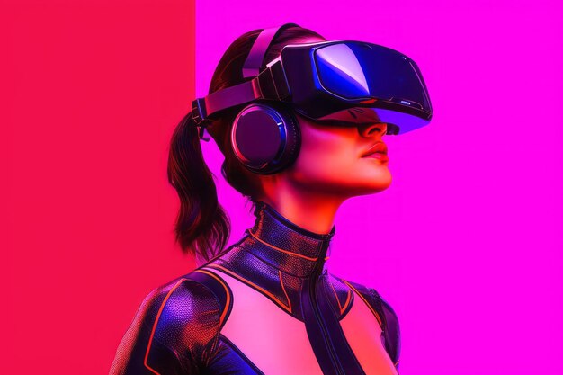 Stark stilisiertes Porträt einer Frau, eingebettet in eine VR-Headset-Simulation