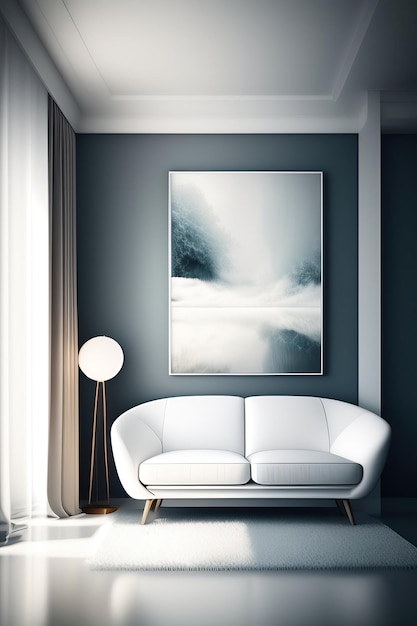 Stark weißes Zimmer mit weißem, modernem Sofa. Sauberes, weißes Weltkonzept, nachbearbeitet