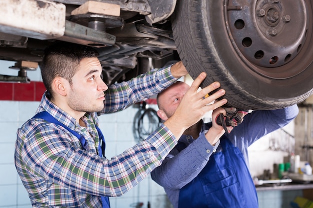 Starke erwachsene Mechaniker, die Auto reparieren