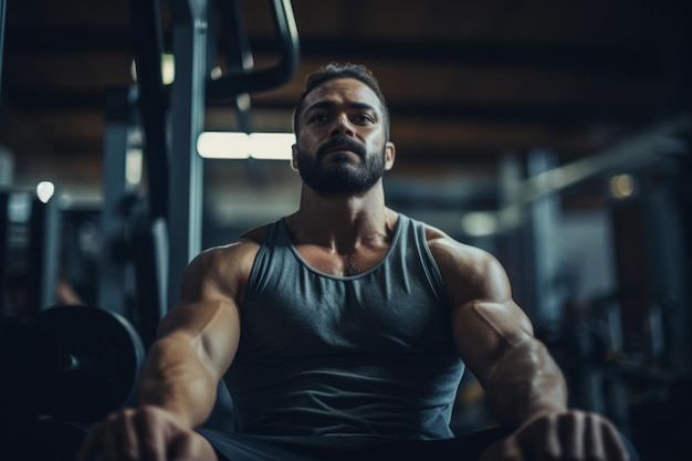Starke leistungsfähige athletische europäische kaukasische mann macht bodybuilding barbell im gymnastikstudio männlicher kerl auf