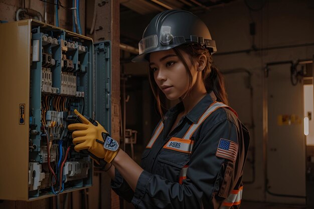 Starke weibliche Elektrikerin bei der Arbeit an einer Sicherungskiste, geschmückt mit einem Sicherheitshandschuh