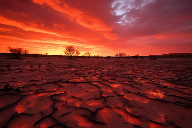 Starke Wüstenlandschaft unter einer roten brennenden Sonne