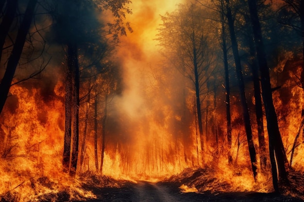 Starker Brand im Wald, Katastrophe, Naturphänomen, brennende Bäume, Kohle, Folgen, Gefahr, Flamme, Feuer, Flächenbrand, brennender Kataklysmus, Zusammenbruch, KI erstellt durch KI, erzeugte KI