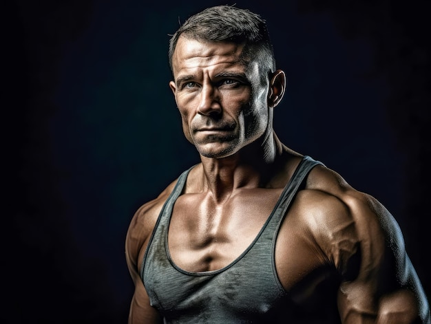 Starker erwachsener Bodybuilder auf schwarzem Hintergrund Konzept von Kraft und Gesundheit Generative KI