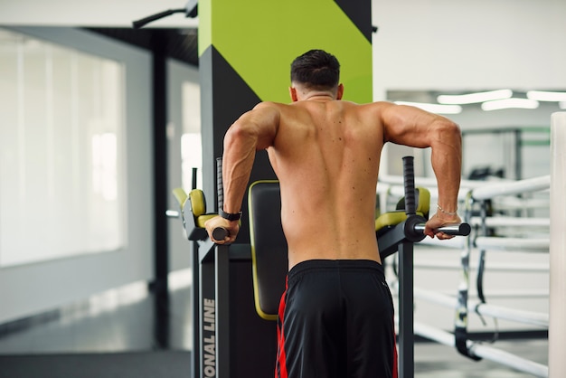 Starker gesunder Mann, der Liegestütze auf Barren während des Trainings im modernen Fitnessstudio tut. Rückansicht. Sportliches und gesundes Konzept.