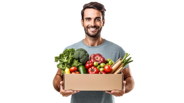 Starker Mann mit einer Schachtel Obst und Gemüse auf weißem Hintergrund