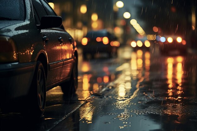 Starker Regen fällt nachts mit verschwommenen Autos