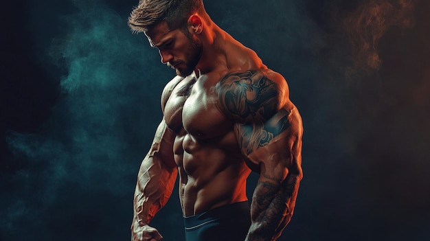 Starker, stilvoller Bodybuilder mit Tattoo auf dem Arm, der die Übungen macht.