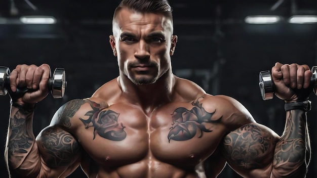 Starker, stilvoller Bodybuilder mit Tattoo auf dem Arm, der die Übungen mit Hanteln macht