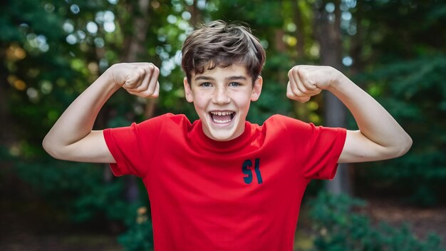 Starker Teenager mit rotem T-Shirt