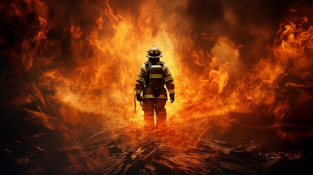 Starker und mutiger Feuerwehrmann in Flammen KI Generative KI