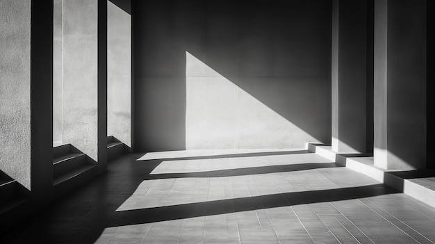 Starkes Sonnenlicht wirft deutliche Schatten über eine minimalistische Betonkonstruktion und erzeugt ein dramatisches geometrisches Muster