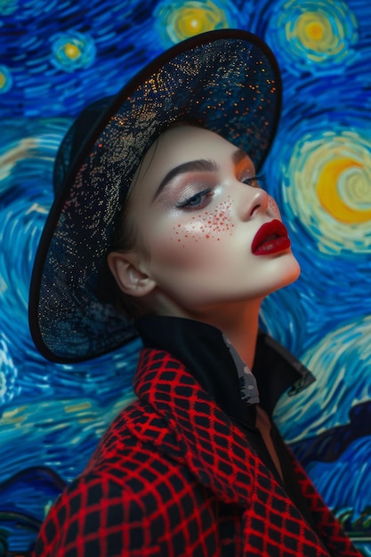 Starry Night Elegance Modeporträt inspiriert von Van Gogh