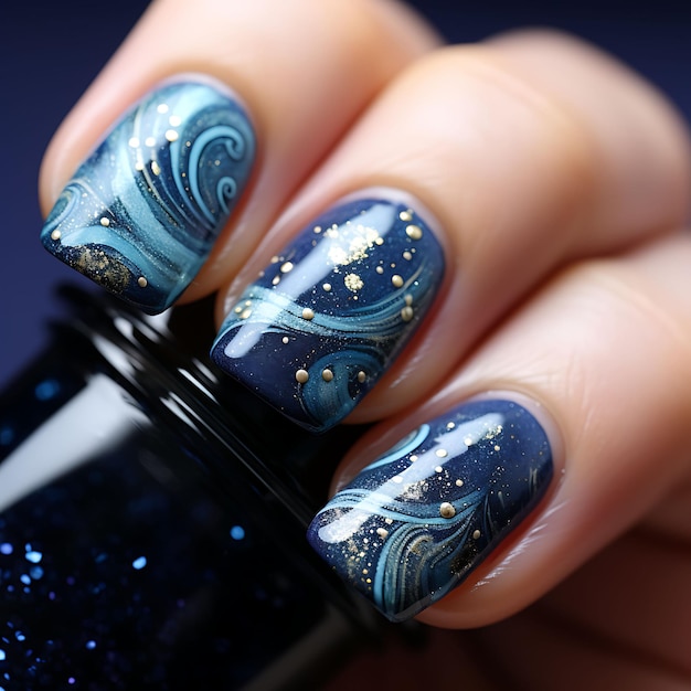 Starry Night Nails Design Cores azul escuro e prata Starry Concept Idea Creative Art Photoshoot