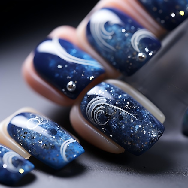 Starry Night Nails Design Midnight Blue e Silver Tones Lon Concept Idea Creative Art Photoshoot