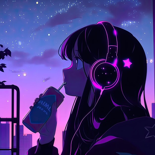 Starry Serenity 2D Anime Chica con auricular mirando el cielo nocturno bebiendo Lofi Vibes y refrescos