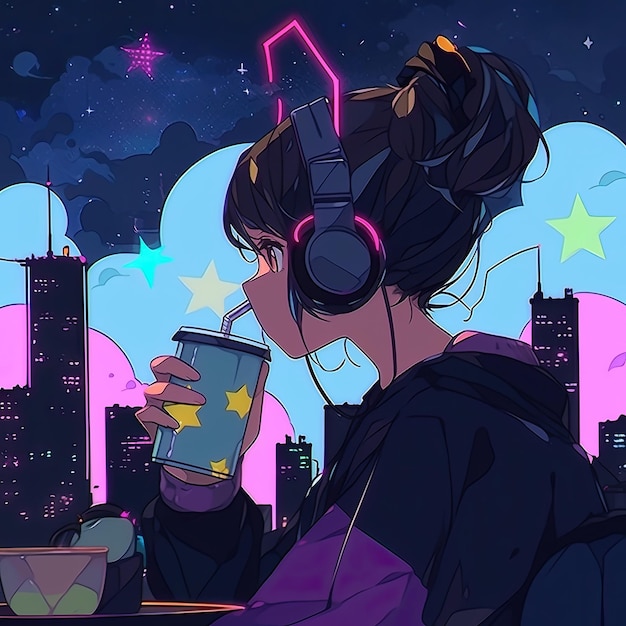 Starry Serenity 2D Anime Garota com fone de ouvido olhando para o céu noturno tomando Lofi Vibes e refrigerante