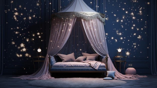 Starry Sky Sleep Corner con una suave cama con dosel