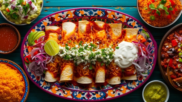 Start com uma foto aérea de uma variedade colorida de enchiladas dispostas em uma grande bandeja de serviço preenchendo o quadro com a variedade de cores e texturas vibrantes