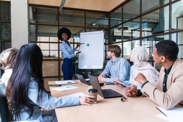 Start-up-Business-Team im Büro. Multiethnische Gruppe arbeitet gemeinsam an einem neuen Projekt im Konferenzraum