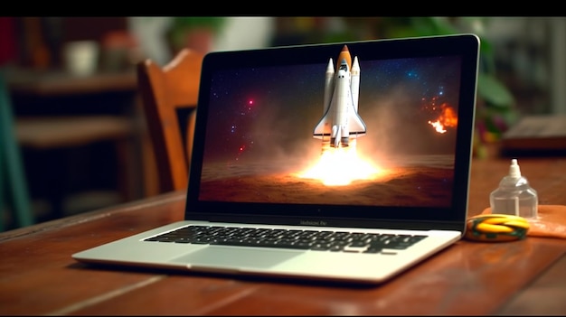 Starten einer Weltraumrakete vom Laptopbildschirm Generative KI