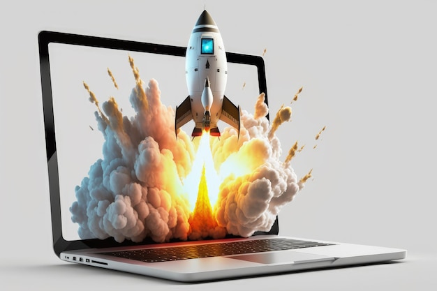 Starten Sie in die digitale Welt Laptop mit Rocket Emerging from Screen Generative AI