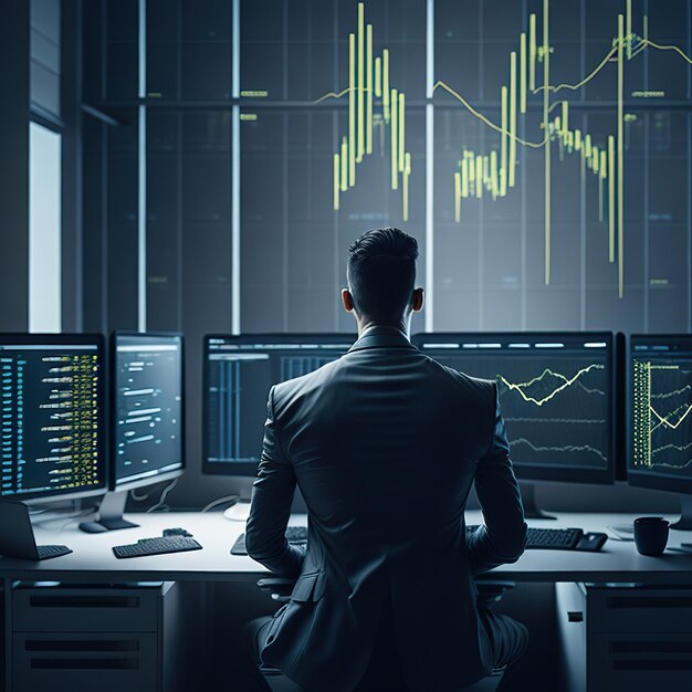 Startup-Büroangestellter konzentriert sich auf die Analyse von Unternehmensaktien in einem futuristischen Büro