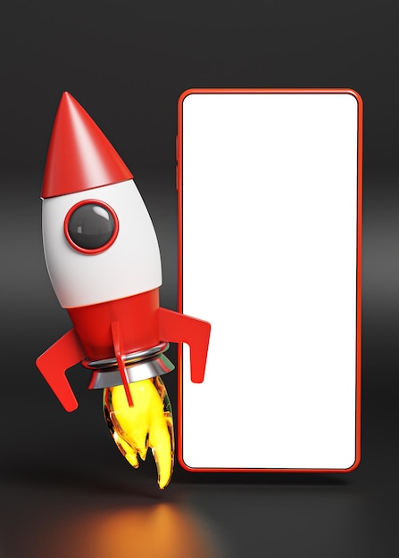 Foto startup concept red rocket proyecto de lanzamiento de teléfonos inteligentes modelo de maqueta de negocio renderizado en 3d