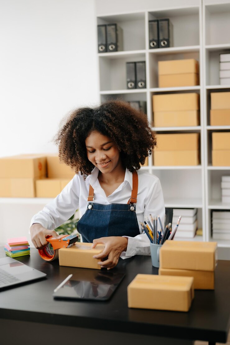 Foto startup pequena empresa pme empresária proprietária mulher africana usando smartphone ou tablet recebendo e verificando compra on-line encomenda de compras para preparar embalagem caixa de produto xa
