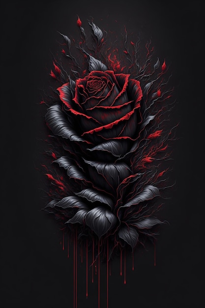 Stary schwarze rote Rose Blume Spritzkunst Ästhetik für T-Shirt-Design sehr detaillierte Darktone