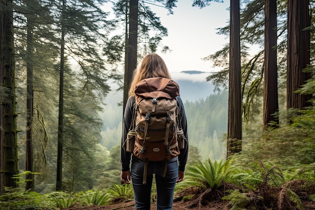 State Parks Adventure Hintergrundansicht einer sorglosen Wandererin mit Rucksack, die ruhig steht