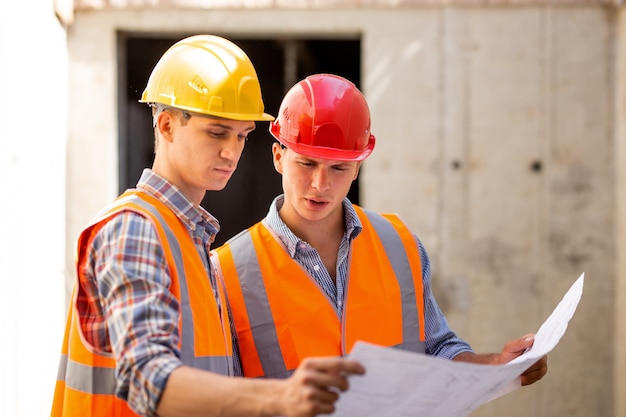 Statiker und Bauleiter in Arbeitskleidung und harten Schlägern erkunden die Baudokumentation auf der Baustelle. .