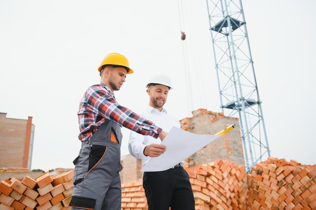 Statiker und Vorarbeiter besprechen Planarbeiten für die Baustelle im Freien