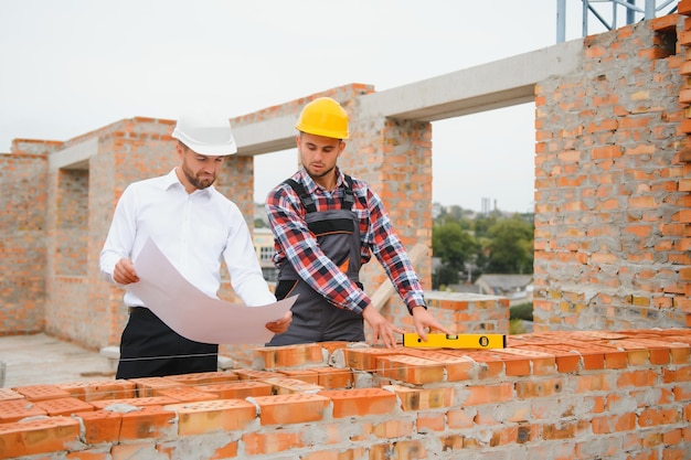 Statiker und Vorarbeiter besprechen Planarbeiten für die Baustelle im Freien