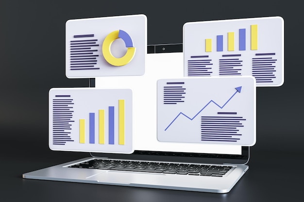 Statistikdaten und digitales Marketingkonzept mit perspektivischer Ansicht auf hellen Karten mit Projektstatistik-Verkaufsdiagrammen und Finanzberichten und modernem hellen Laptop auf dunklem Hintergrund 3D-Rendering