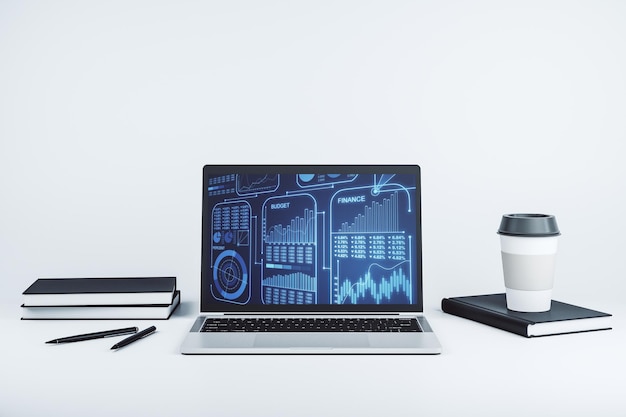 Statistikdatendarstellung auf modernem Laptop-Monitor-Computing- und Analysekonzept 3D-Rendering