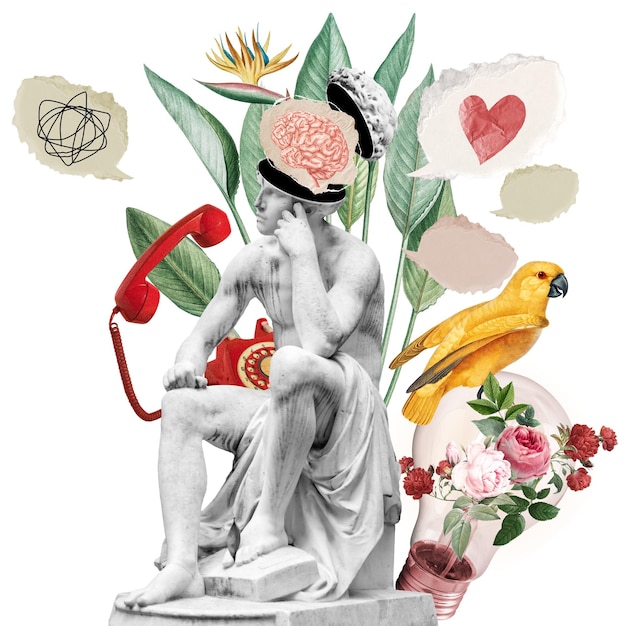 Statue Collage png Sticker Vintage Mischmedien durchsichtiger Hintergrund