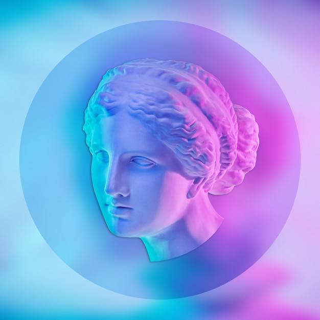 Statue der Venus von Milo. Kreatives Konzept buntes Neonbild mit altgriechischer Skulptur Venus oder Aphrodite-Kopf. Webpunk, Vaporwave und surrealer Kunststil. Duotone-Effekte in Pink und Blau.