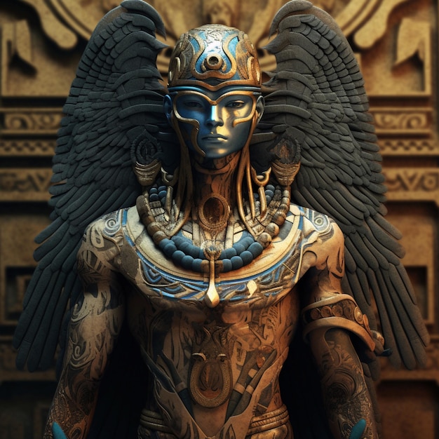 Statue eines ägyptischen Mannes mit großem geflügeltem Kopf und blauem Körper