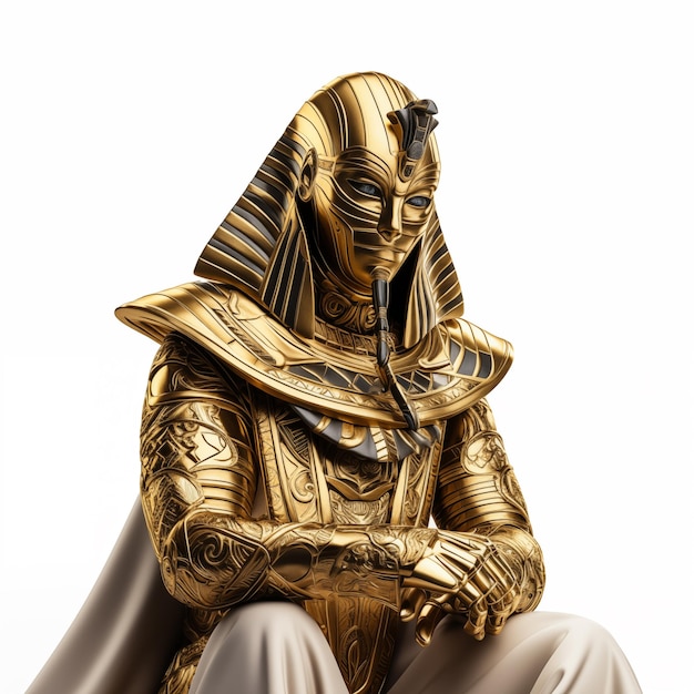Statue eines Mannes in einem goldenen Outfit sitzt auf einem Stuhl generative ai