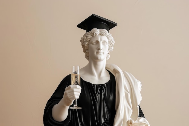 Foto statue eines mannes mit abschlussmütze, der ein glas champagner hält