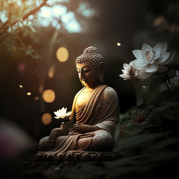 Statue von Buddha in Meditation mit Pflanzen und Blumen