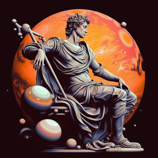 Foto statue von david sitzend auf einem stuhl mit planeten hinter ihm t-shirt-mockup abstrakt