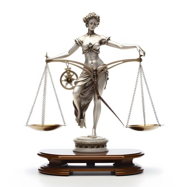 Statue von Lady Justice, die eine Waage auf einem Holzstand hält Generative KI