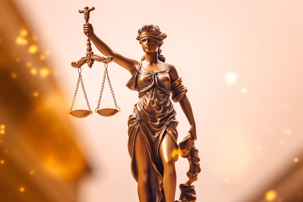 Statue von Lady Justice mit verbundenen Augen, die eine Waage des Justiztribunals, des Rechts, des Richteres und des Anwalts hält.