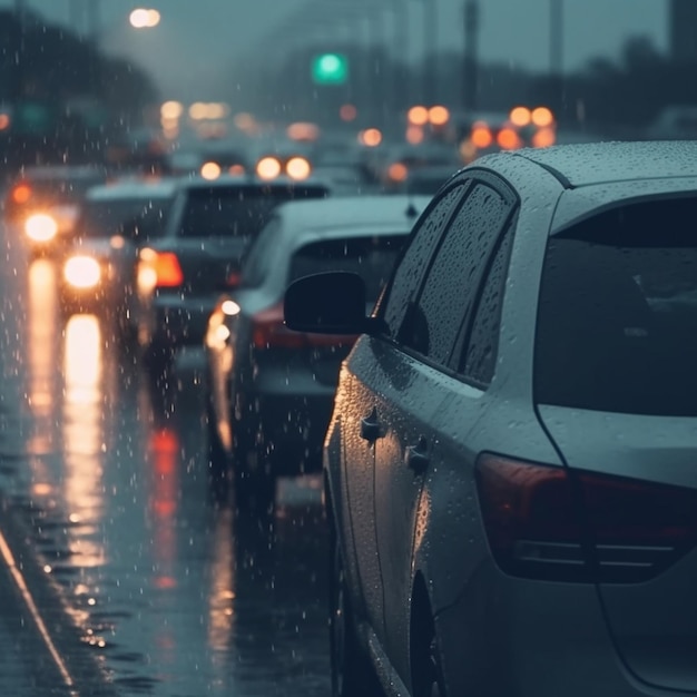 Stau auf der Autobahn an regnerischen Tagen mit Regentropfen auf Autogläsern verschwommen Hintergrundbewegung