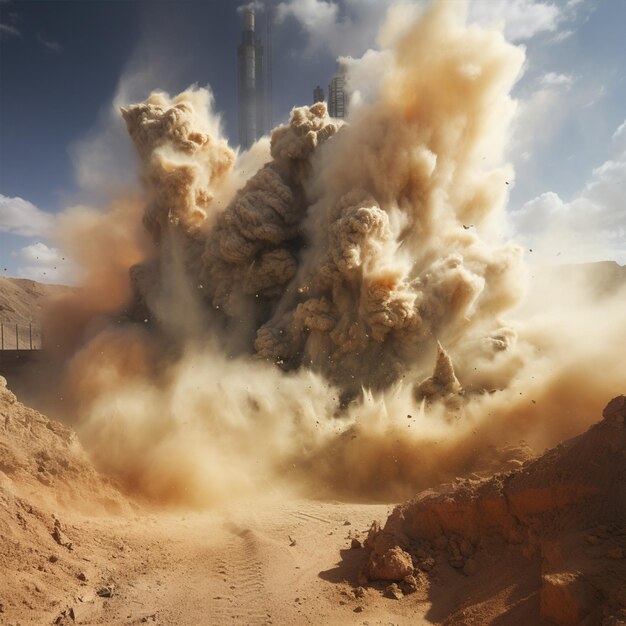 Staubwolken nach einer Dynamitexplosion auf dem Bergbaugebiet