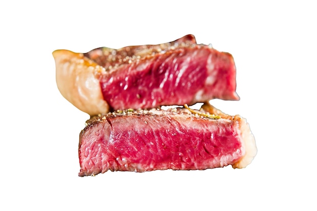 Steak aus schwarzem Angus-Marmorrind, hinten geröstet, isoliert auf weißem Hintergrund